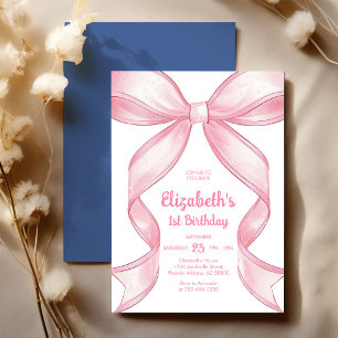 Invitación de cumpleaños de niña con lazo rosa Coq