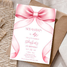 Invitación de cumpleaños de niña con lazo rosa coq