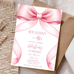 Invitación de cumpleaños de niña con lazo rosa coq