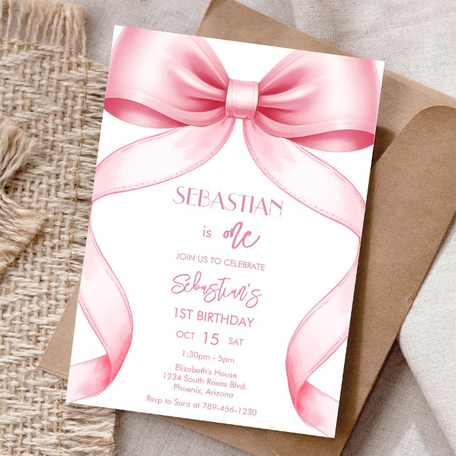 Invitación de cumpleaños de niña con lazo rosa coq (Subido por el creador)
