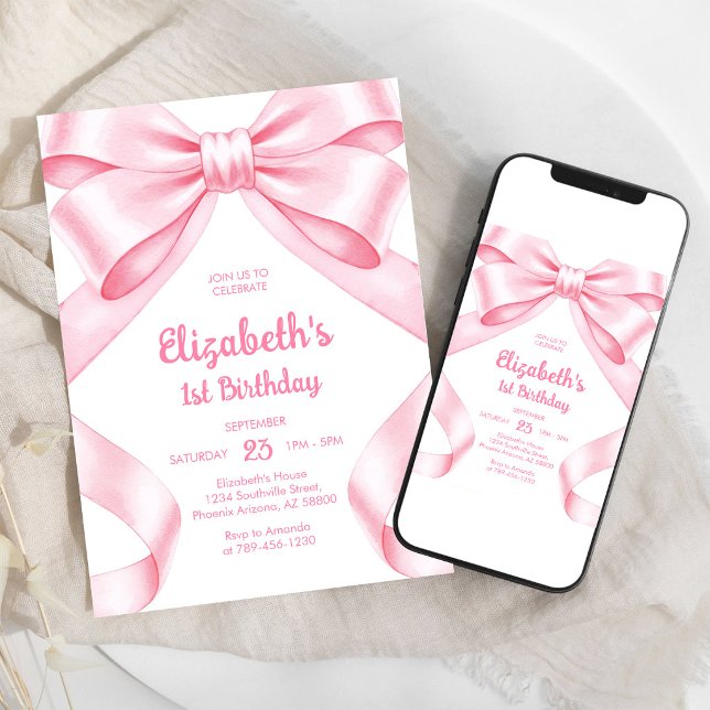 Invitación de cumpleaños de niña con lazo rosa coq (Subido por el creador)