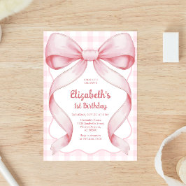 Invitación de cumpleaños de niña con lazo rosa coq