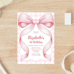 Invitación de cumpleaños de niña con lazo rosa coq