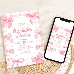 Invitación de cumpleaños de niña con lazo rosa Coq