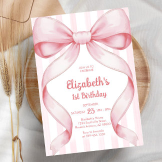 Invitación de cumpleaños de niña con lazo rosa coq