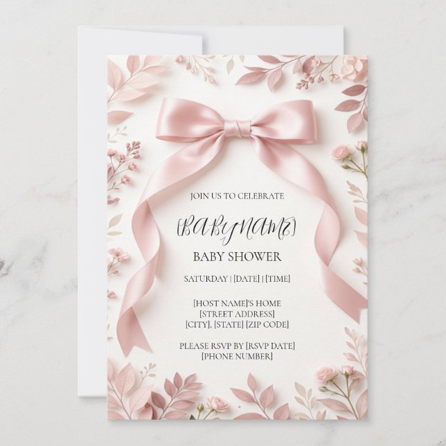 Invitación de Cumpleaños de Niña con Lazo Rosa, Pe (Anverso)