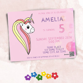 Invitación de cumpleaños de niña con lindo unicorn