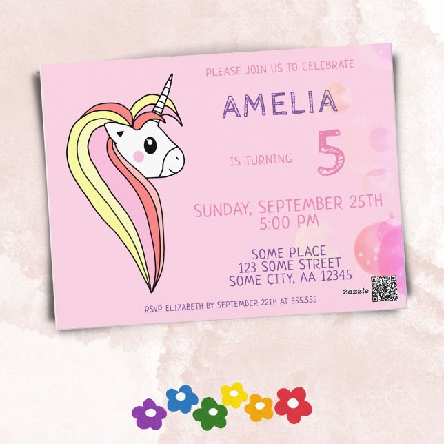 Invitación de cumpleaños de niña con lindo unicorn (Subido por el creador)