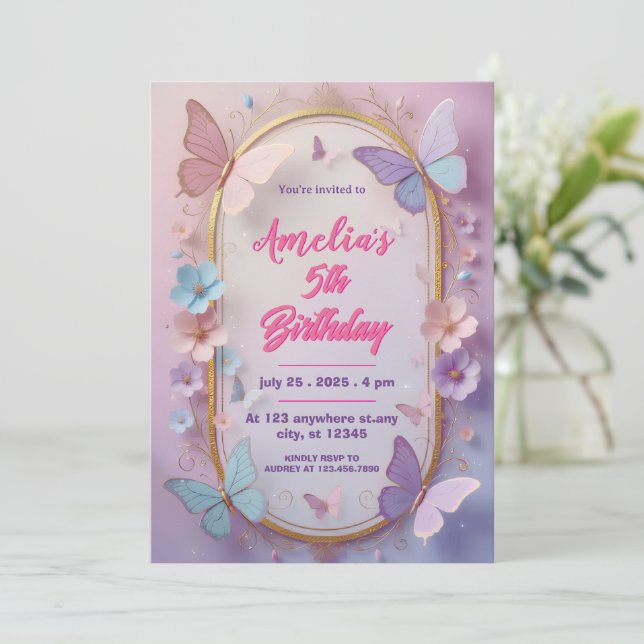 Invitación de cumpleaños de niña con mariposa 3D (Anverso de pie)