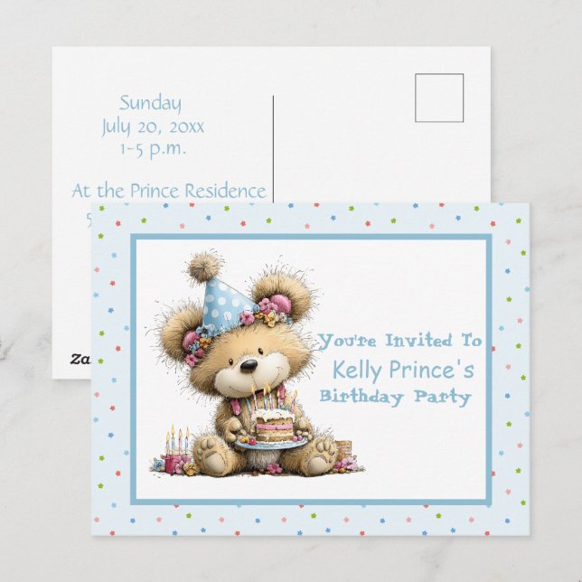 Invitación de cumpleaños de niña con osito de pelu (Anverso / Reverso)