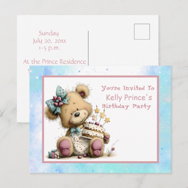 Invitación de cumpleaños de niña con osito de pelu (Anverso / Reverso)