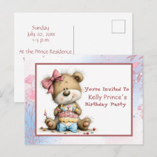 Invitación de cumpleaños de niña con osito de pelu