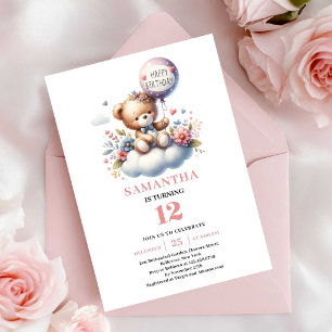 Invitación de Cumpleaños de Niña con Oso de Peluch