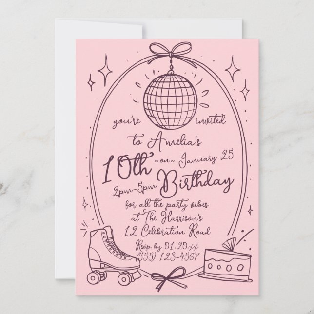 Invitación de Cumpleaños de Niña con Patines Rosa  (Anverso)