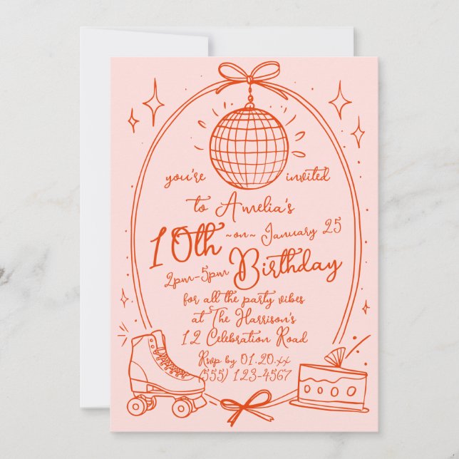Invitación de Cumpleaños de Niña con Patines Rosa  (Anverso)