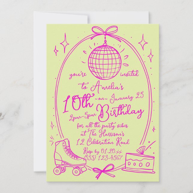 Invitación de Cumpleaños de Niña con Patines sobre (Anverso)