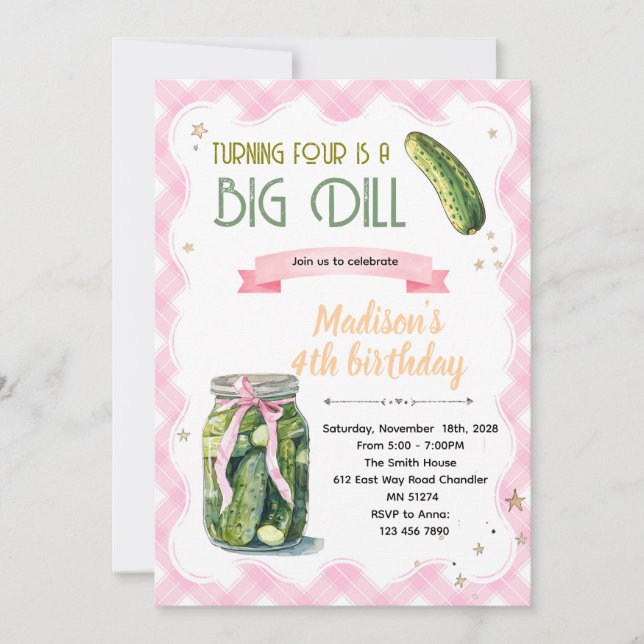 Invitación de cumpleaños de niña con pepino en vin (Anverso)