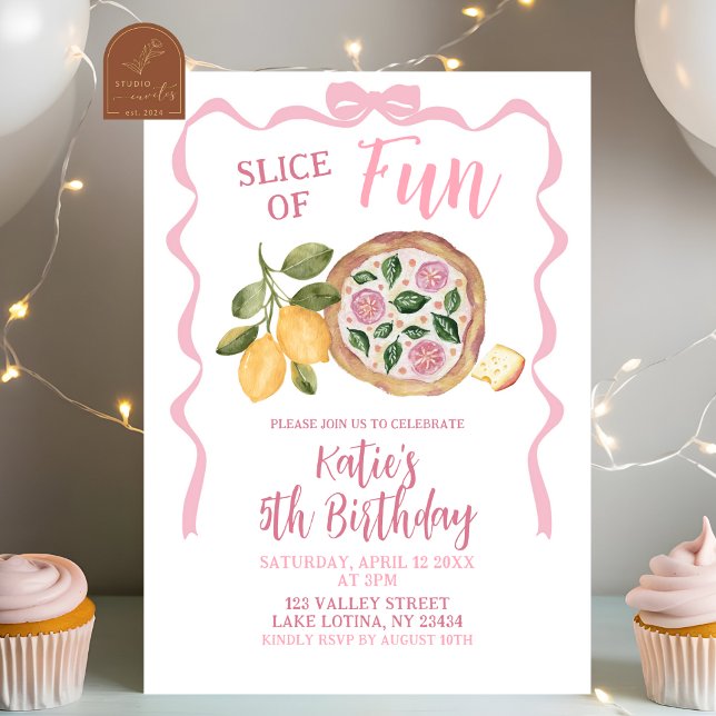 Invitación de cumpleaños de niña con pizza y lazo  (Subido por el creador)