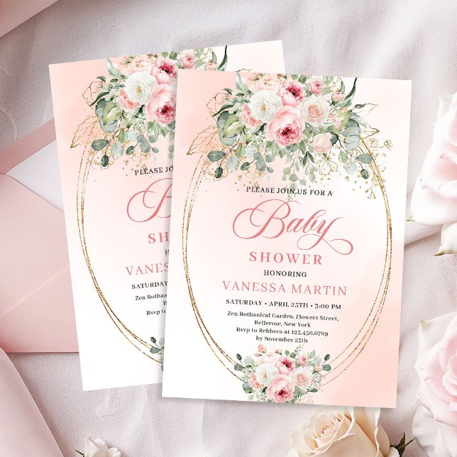 Invitación de Cumpleaños de Niña con Rosas de Blus (Elegant Blush Roses Eucalyptus Baby Shower Invite)