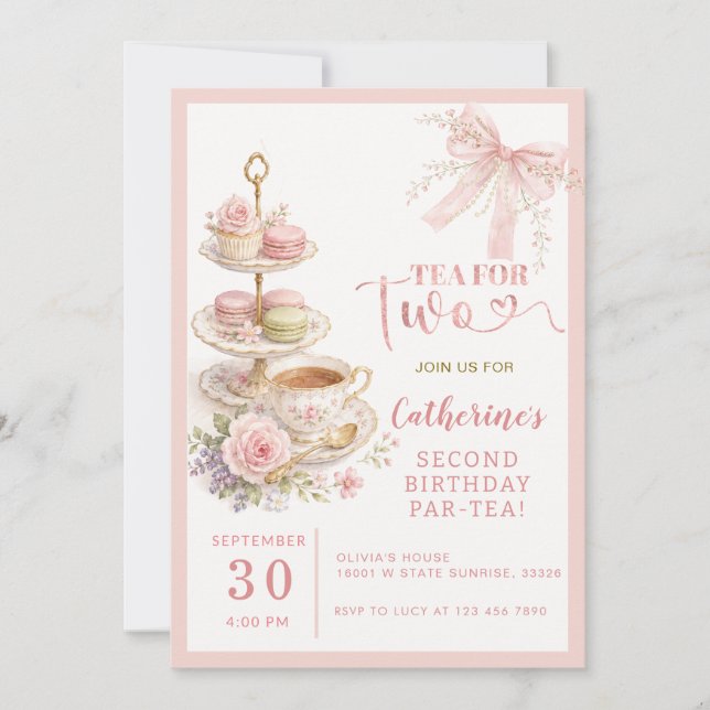 Invitación de cumpleaños de niña con té para dos c (Anverso)