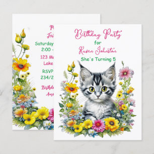 Invitación de cumpleaños de niña con tema de gatit