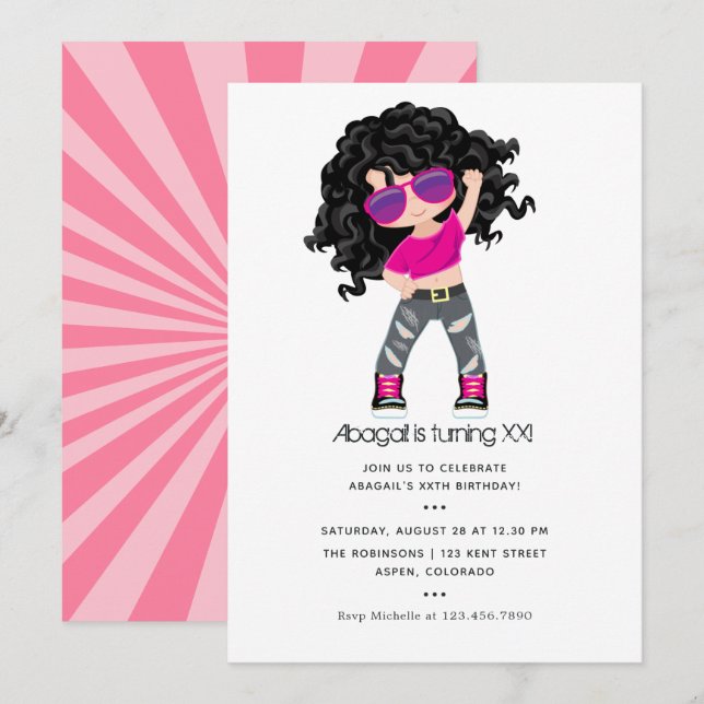 Invitación de cumpleaños de niña con tema de Hip H (Anverso / Reverso)