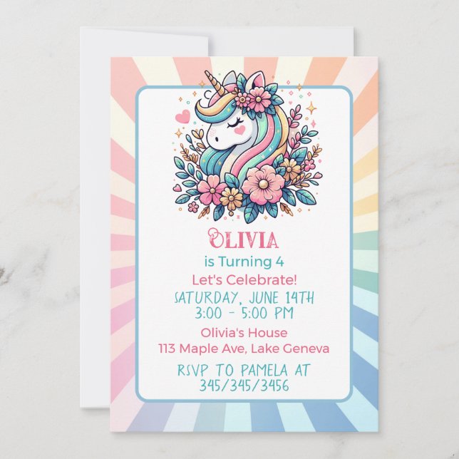 Invitación de cumpleaños de niña con tema de Unico (Anverso)