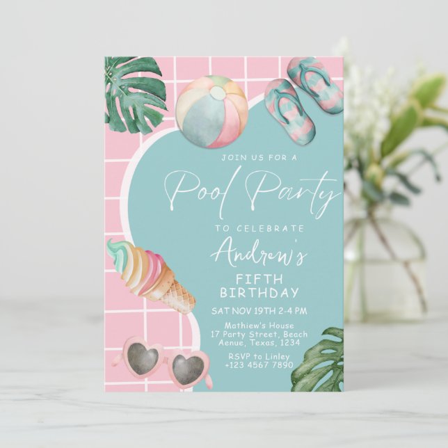 Invitación de cumpleaños de niña con temática de p (Anverso de pie)