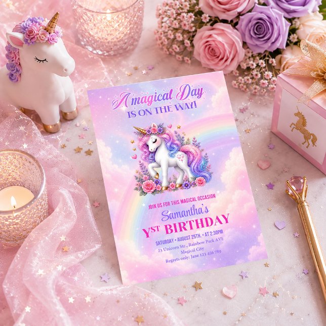 Invitación de cumpleaños de niña con unicornio pas (Cute Pastel Unicorn Girl Birthday Party Invitation)
