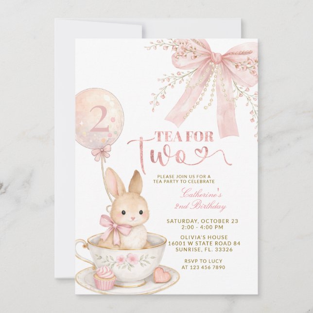 Invitación de cumpleaños de niña conejita con lazo (Anverso)