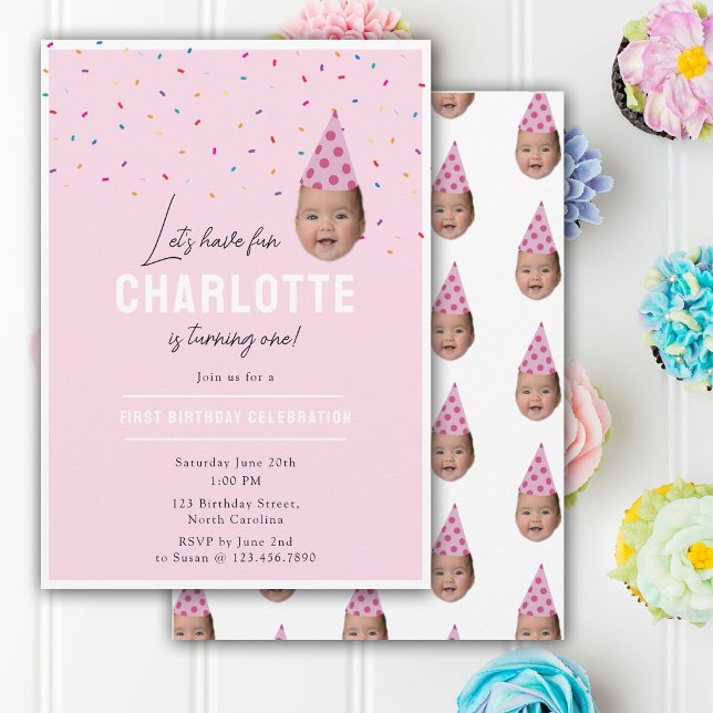 Invitación de cumpleaños de niña Cumpleaños 1er Cu (Girl Birthday Invite 1st Birthday Baby Face Photo)