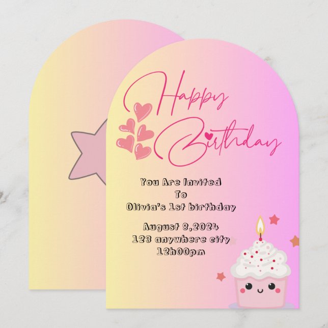invitación de cumpleaños de niña de 1 año en rosa (Anverso / Reverso)