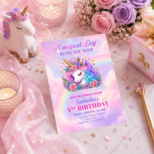 Invitación de cumpleaños de niña de arcoíris paste (Magical Unicorn Pastel Rainbow Girl Birthday Invite)