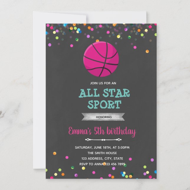 Invitación de cumpleaños de niña de baloncesto (Anverso)