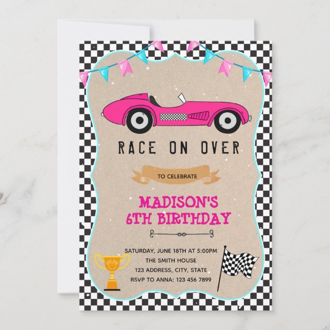 invitación de cumpleaños de niña de coche de carre (Anverso)