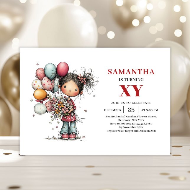 Invitación de cumpleaños de niña de dibujos animad (Quirky Cartoon Girl Birthday invitation)