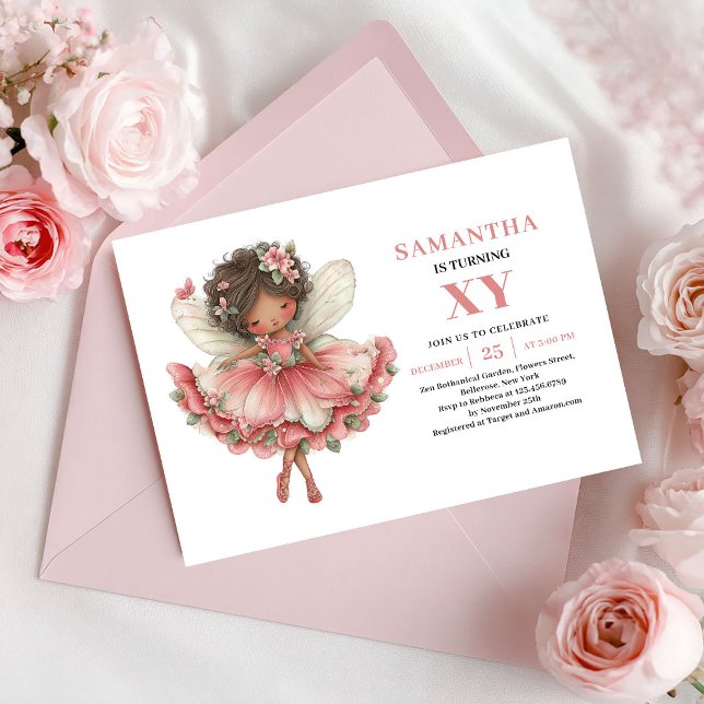 Invitación de cumpleaños de niña de hadas rosa pas (Fairy Girl Birthday Pastel Pink Floral Invitation)