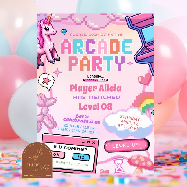 Invitación de cumpleaños de niña de juego de arcad (Subido por el creador)