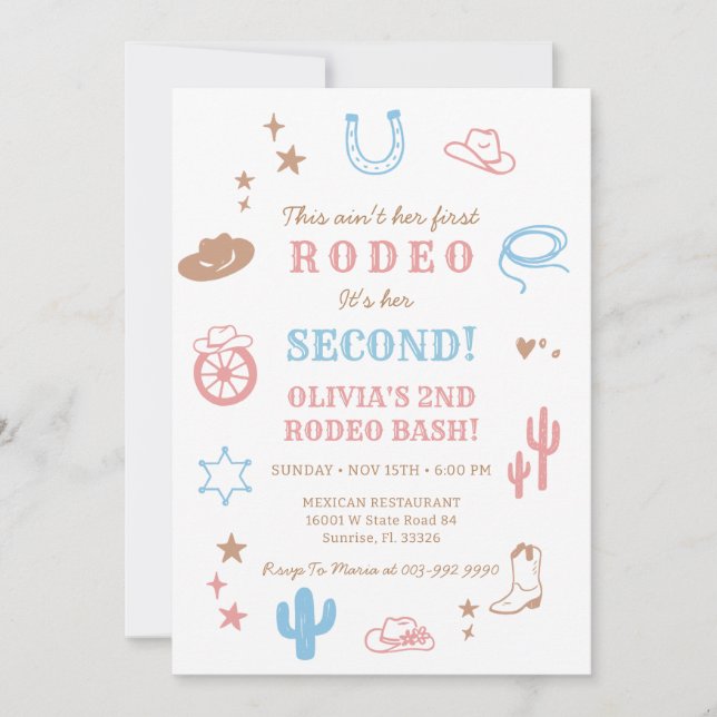 Invitación de cumpleaños de niña de segundo rodeo  (Anverso)
