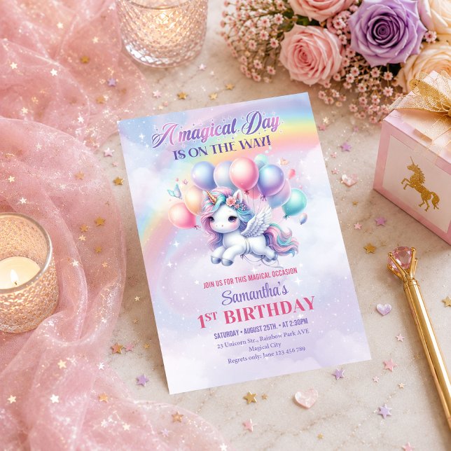 Invitación de cumpleaños de niña día mágico unicor (Whimsical Unicorn Magical Day Girl Birthday Invitation

)