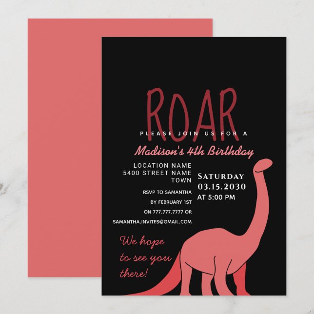 Invitación de cumpleaños de niña dinosaurio (Anverso / Reverso)