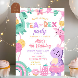 Invitación de cumpleaños de niña Dinosaurio Pastel