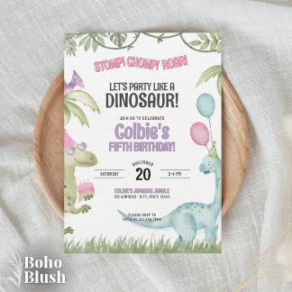 Invitación de cumpleaños de niña dinosaurio que pi