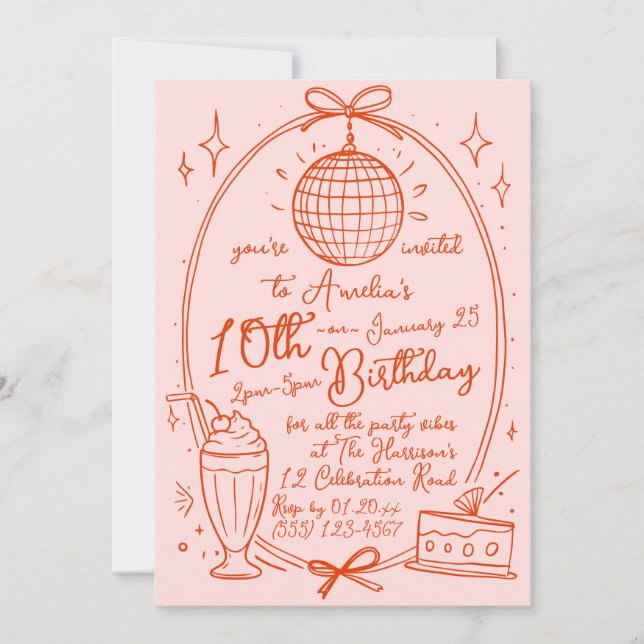 Invitación de cumpleaños de niña disco retro rosa (Anverso)