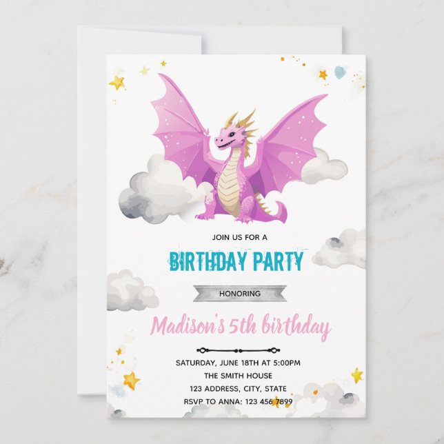 Invitación de cumpleaños de niña dragón (Anverso)