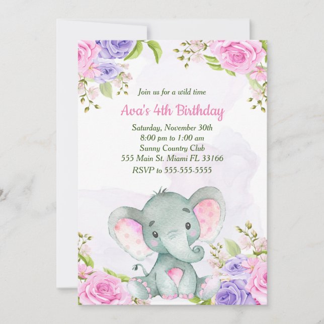 Invitación de cumpleaños de niña elefante acuarela (Anverso)