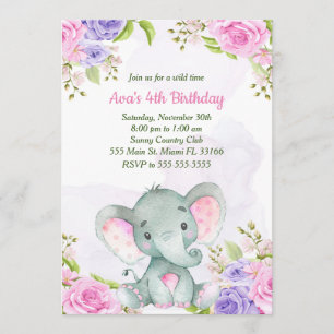 Invitación de cumpleaños de niña elefante acuarela