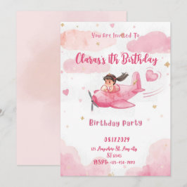 Invitación de cumpleaños de niña en avión rosa per