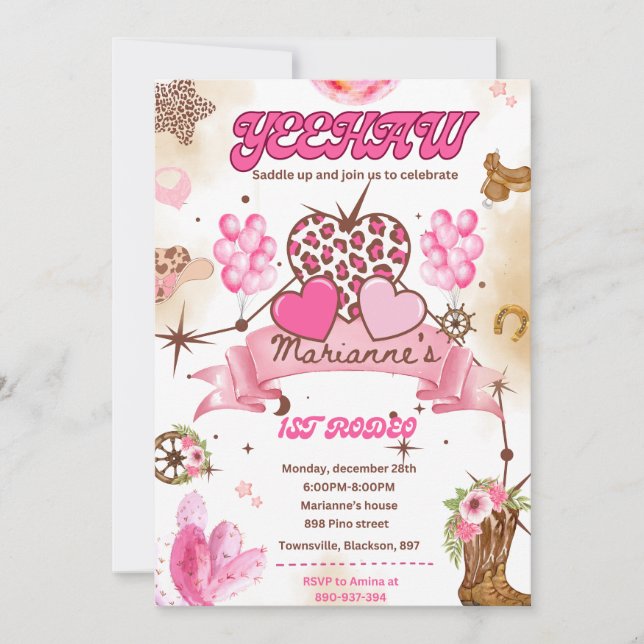 Invitación de cumpleaños de niña en disco, Rodeo d (Anverso)