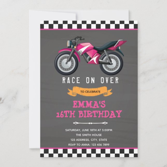 Invitación de cumpleaños de niña en moto rosa (Anverso)